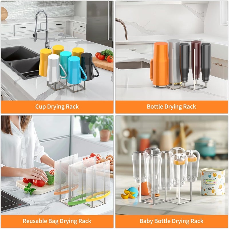 KORRTFID Foldable Bottle Drying Rack, Baby Bottle Drying Rack, Collapsible Cup Draining Holder, Retractable Reusable Storage Bag Dryer with Non-Slip Bottom - Stainless Steels (Silver) - Image 3